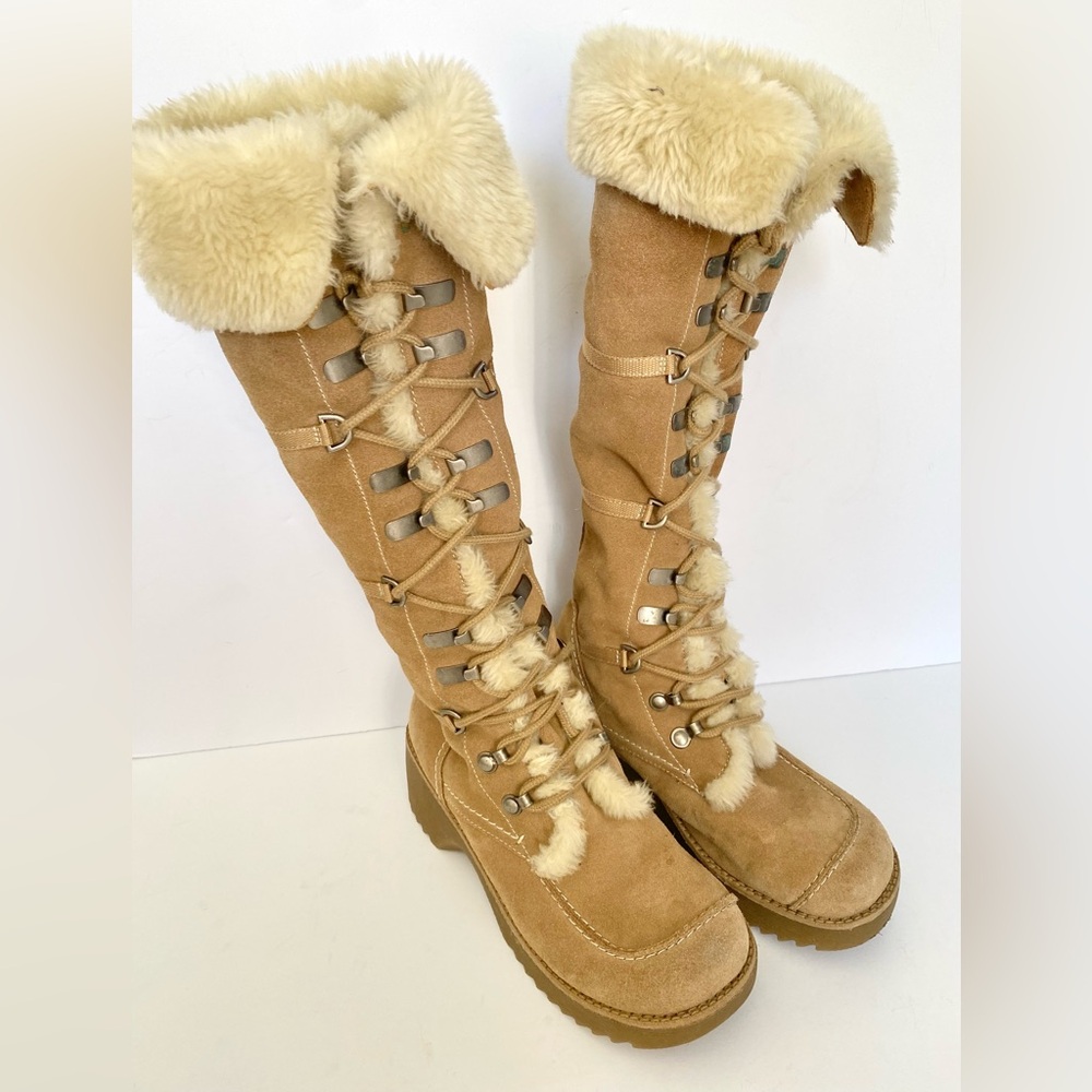 -sold- Report Vintage Scout Y2K Fur Chunky Platform Lace Up Boots Leather